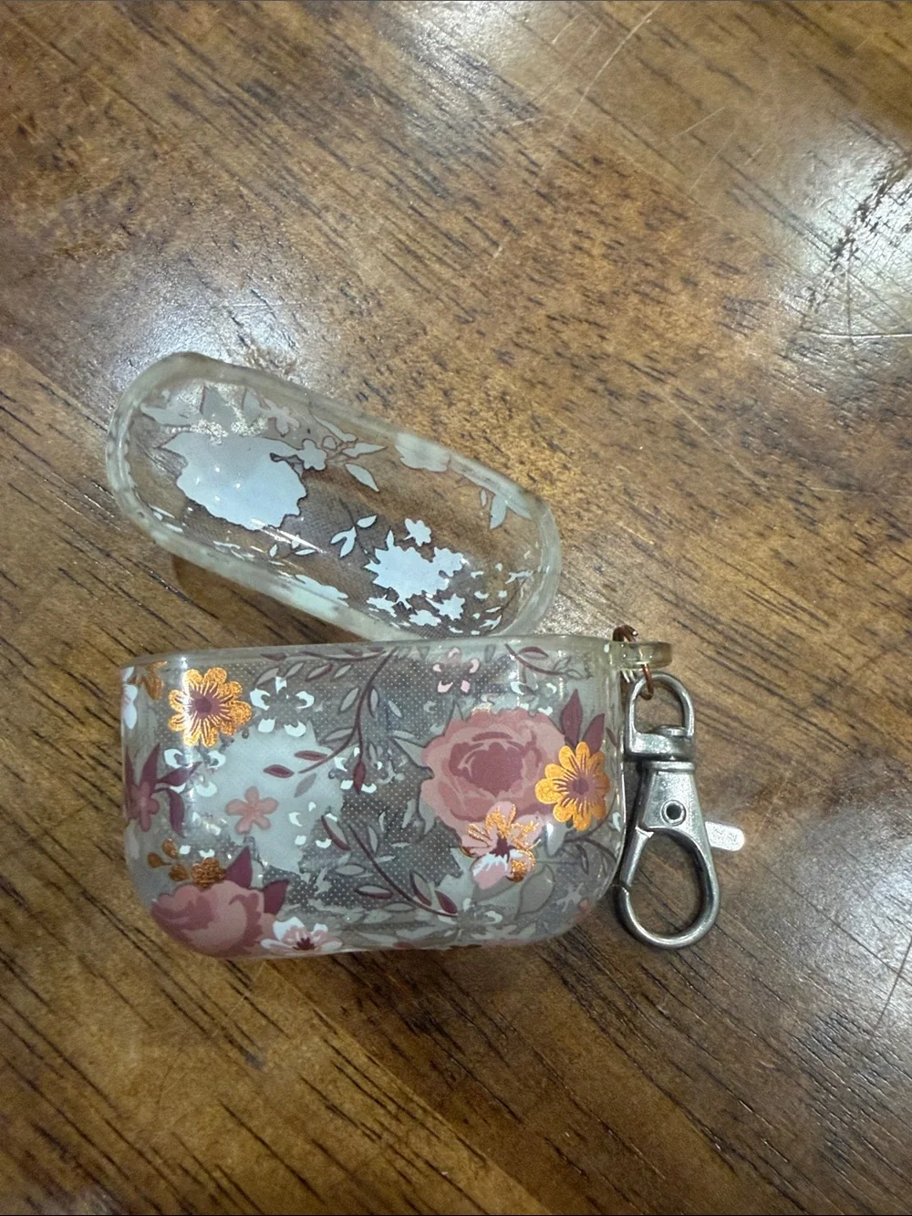 Floral Clear Silicone Earbud Case with Key Clip - Pink & Gold Accents